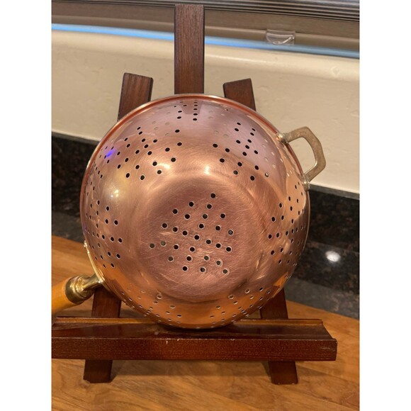 Vintage ODI Copper 9" Colander Strainer Wood & Brass Handle - Picture 2 of 7